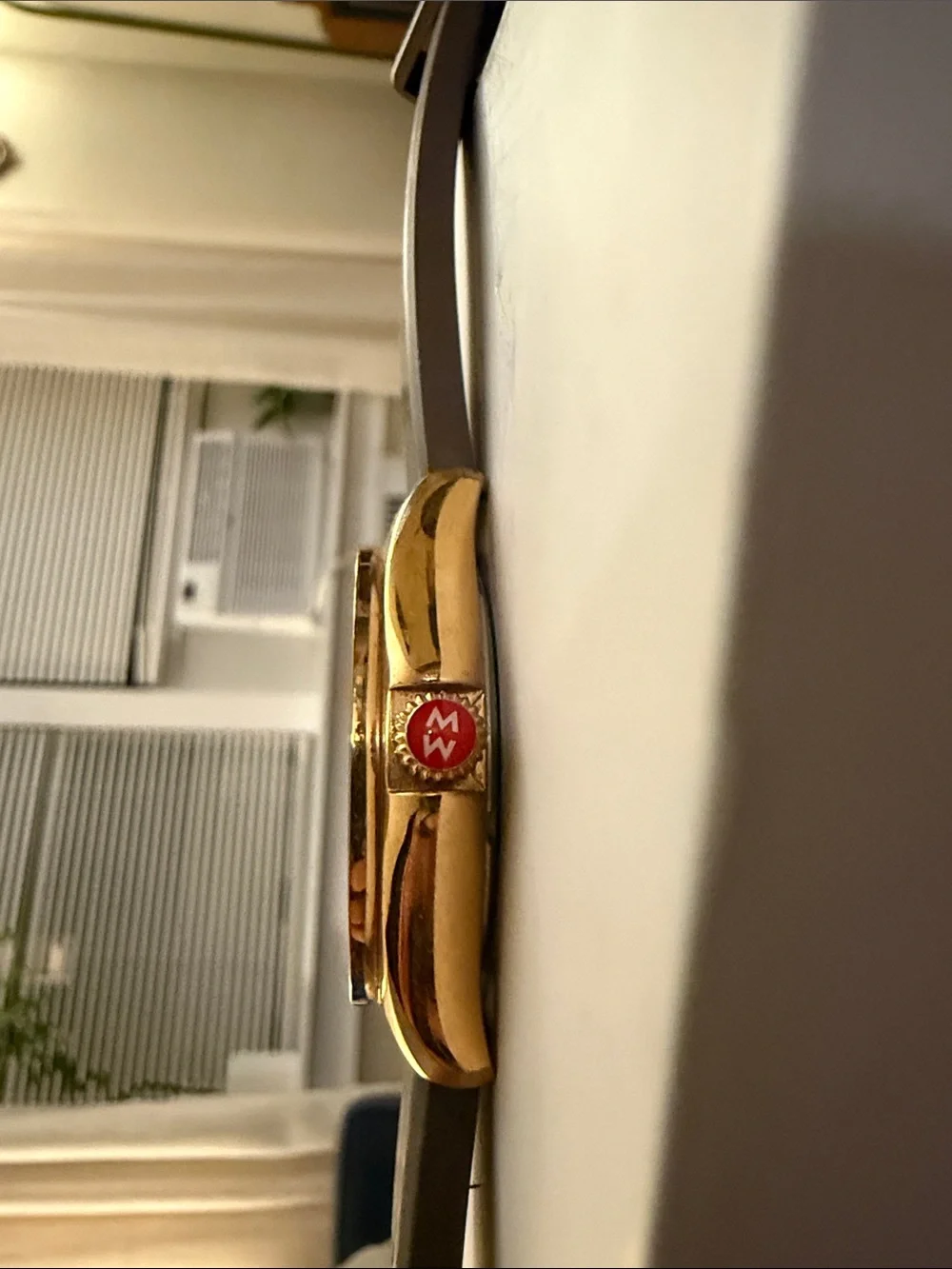 Michele Gold-Tone Watch with Taupe Bezel and Brown Leather Strap